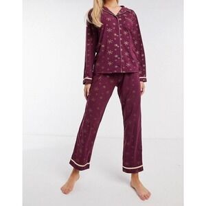 𝅺loungeable Pajamas Set Sleepwear Shirt Pants S Gold Foil Snowflake Soft Stretch